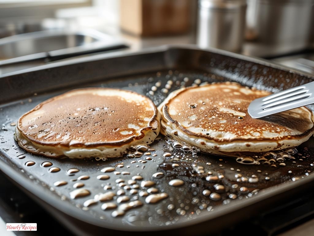 Delicious protein pancakes cooking on a griddle, showcasing the perfect golden-brown color and bubbly texture—ideal for a hearty breakfast.