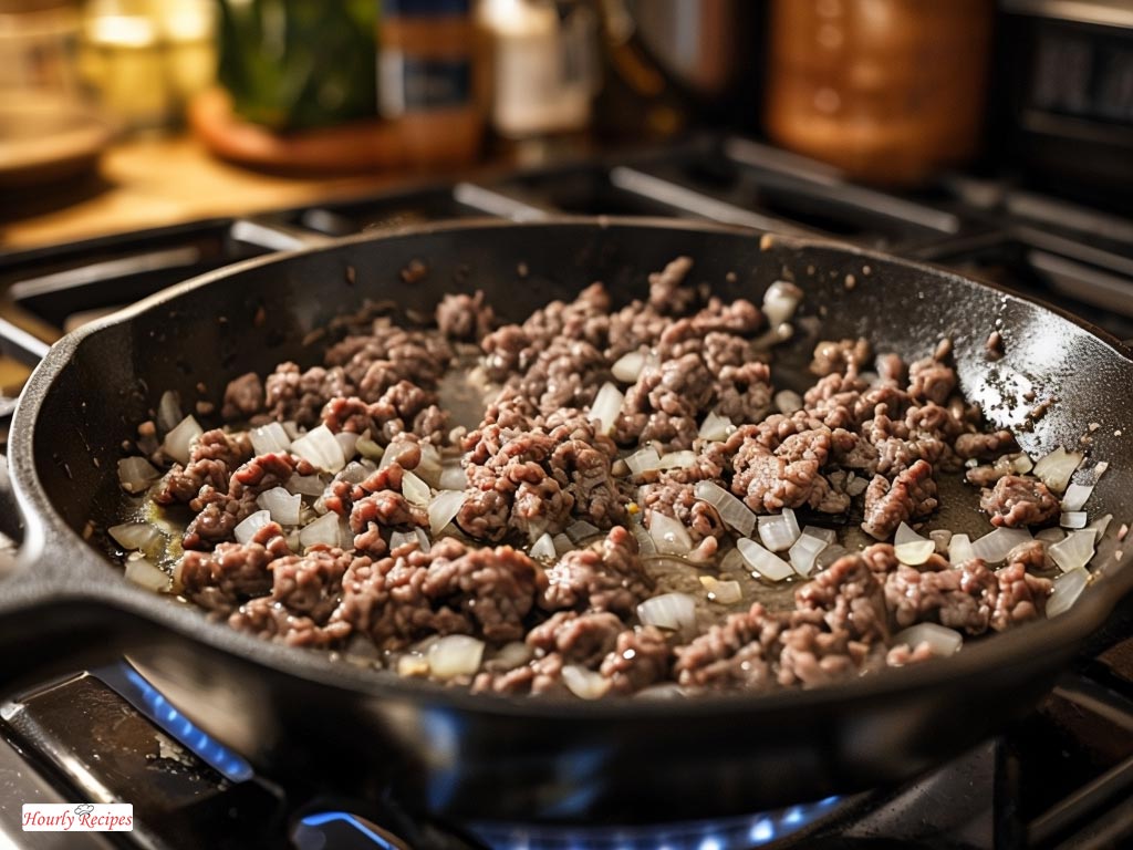 Close-up of ground beef and onions browning in a skillet.