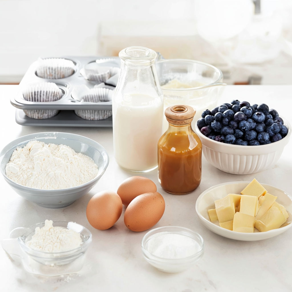 Ingredients for blueberry cottage cheese muffins, including flour, eggs, cottage cheese, and blueberries, laid out on a countertop.