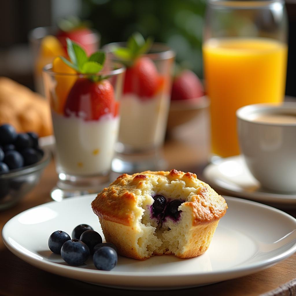 Blueberry cottage cheese muffin on a plate with fresh blueberries, parfaits, orange juice, and coffee in the background.