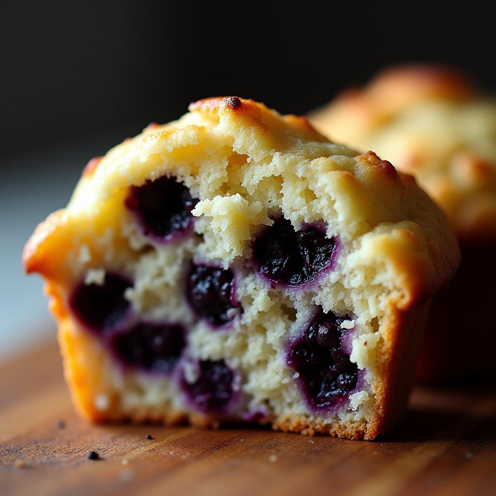 Close-up of a blueberry muffin with visible juicy blueberries inside.