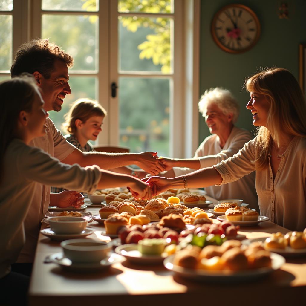 Family enjoying brunch together, holding hands around a table filled with muffins and fresh fruit in a sunlit dining room.