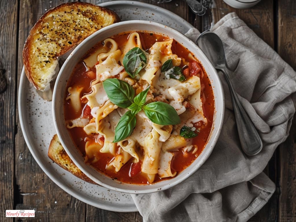 Delicious crock pot lasagna soup served with fresh basil and garlic bread on a rustic table