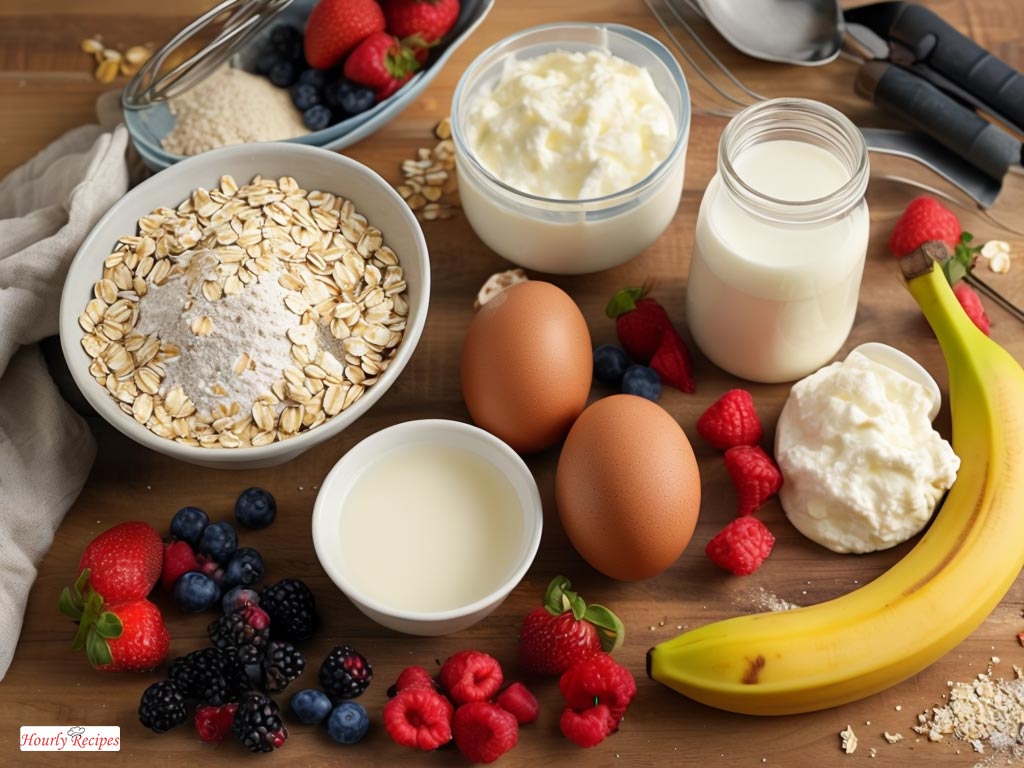 A vibrant flat lay of protein pancake ingredients, showcasing oats, protein powder, and fresh fruits - perfect for a nutritious breakfast.