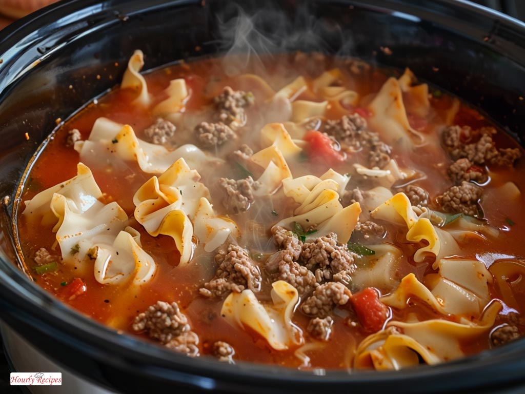 Simmering lasagna soup in a crock pot with broken lasagna noodles and rich tomato broth