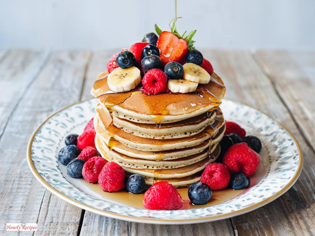 An artistic presentation of protein pancakes stacked high, adorned with fresh berries and syrup, making it a visually appealing breakfast option.