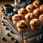 Freshly baked blueberry cottage cheese muffins on a cooling rack, with blueberries and a cup of coffee in a cozy brunch setting.