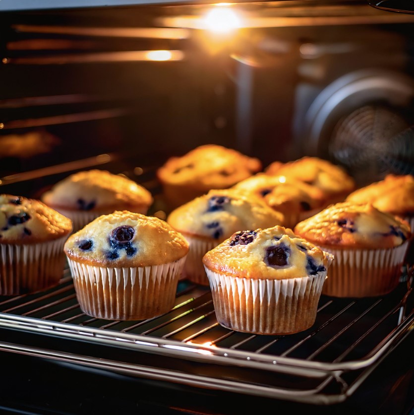 Blueberry cottage cheese muffins rising and turning golden brown in the oven under warm light.