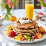 A charming brunch table spread showcasing protein pancakes with an array of colorful toppings, perfect for a delightful morning gathering.