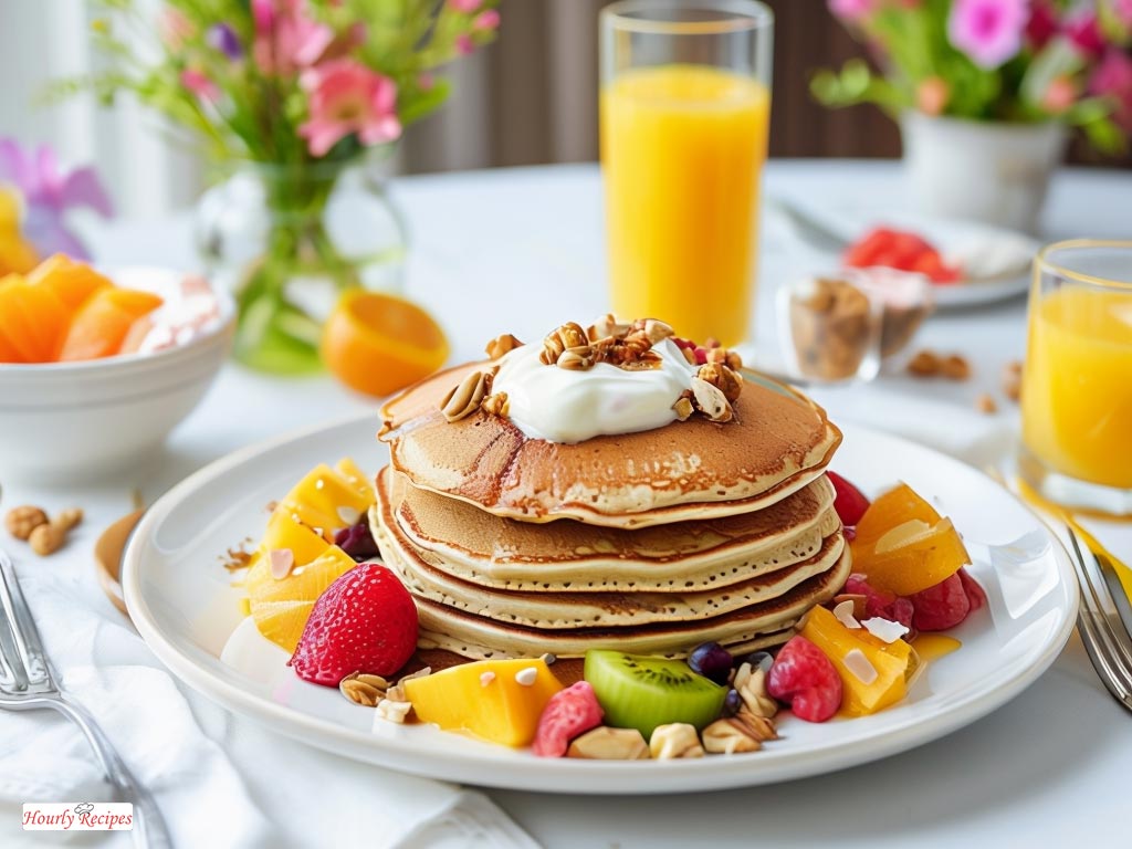 A charming brunch table spread showcasing protein pancakes with an array of colorful toppings, perfect for a delightful morning gathering.