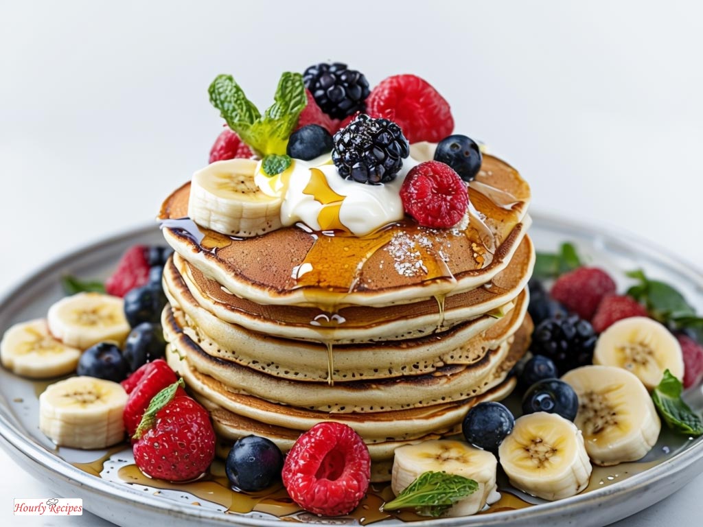 An enticing photo of a stack of protein pancakes topped with fresh fruits and honey, showcasing a delicious and healthy breakfast option.